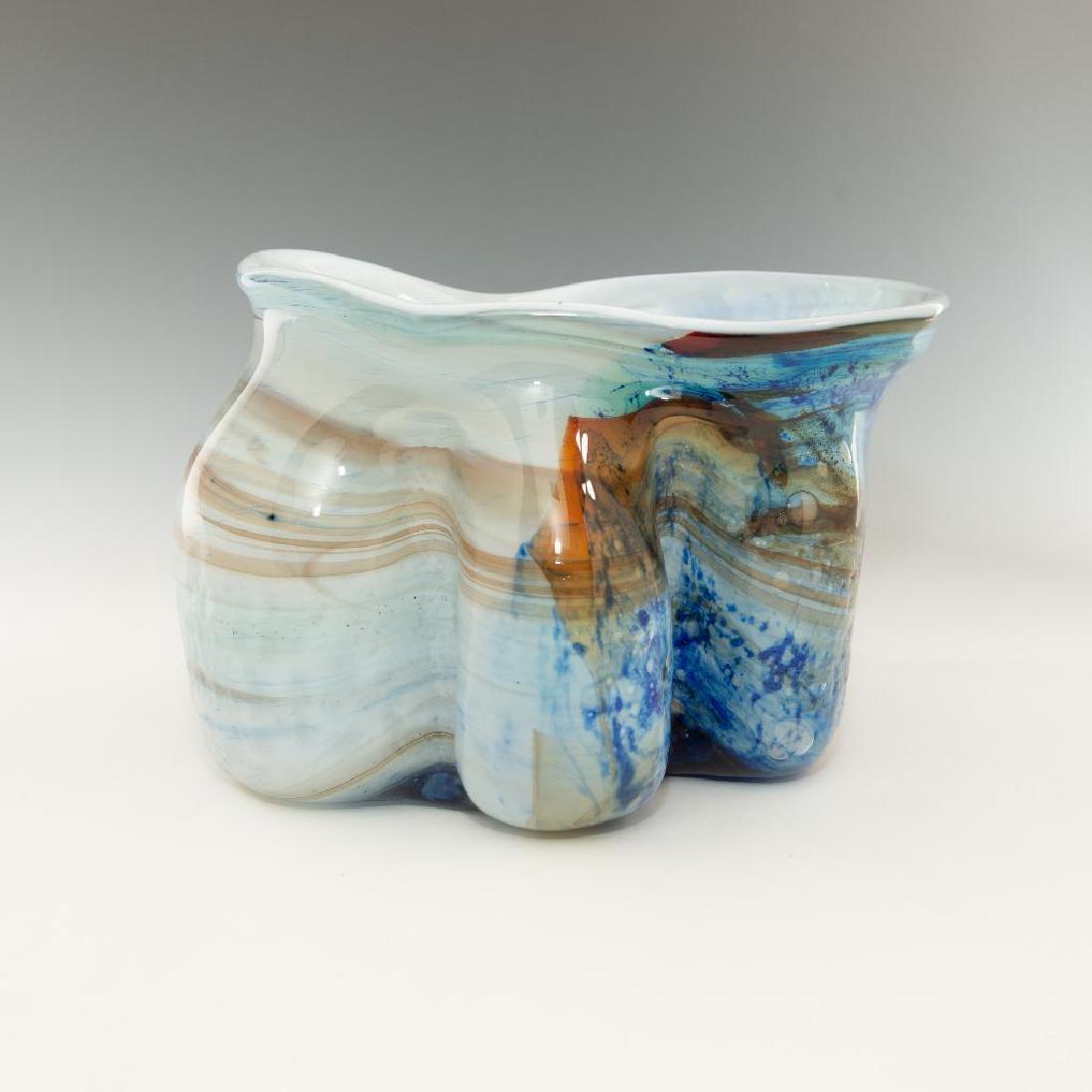 SCANDINAVIAN ART GLASS HOMEGAARD CANTERPIECE VASE BOWL: Impressive large art glass bowl in various shades of blue & brown Marked on the bottom. Model number 2362. Dimensions: 12"L x 8"H Country of Origin: Denmark