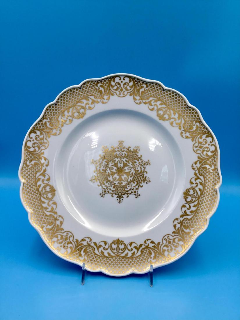 MEISSEN 19THC PORCELAIN 10.5" PLATE GOLD OZIER: Meissen Porcelain Tableware Plate in white and gold Ozier Pattern Number 55. Issued: Circa 19th century Dimensions: 10.5"D Country of Origin: Germany