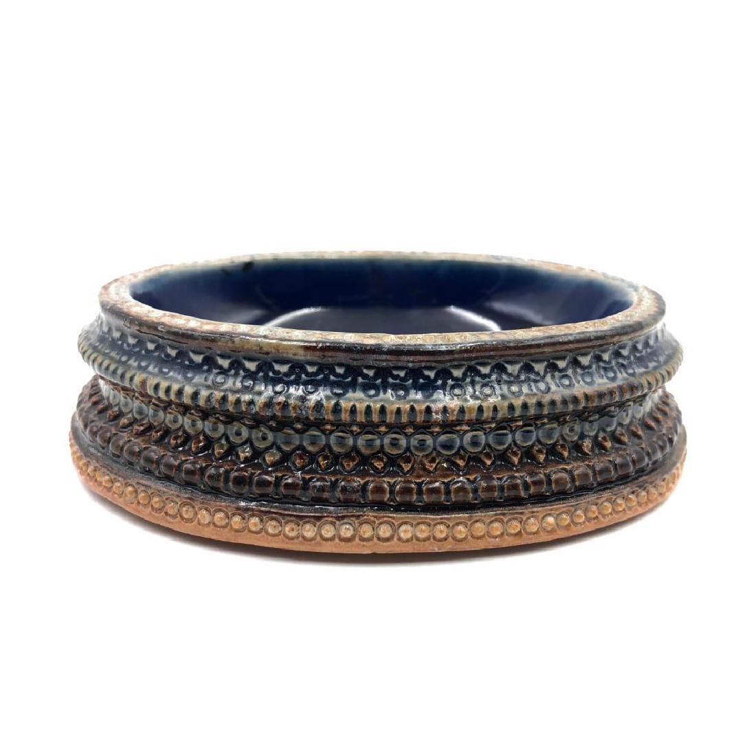 ENGRAVED DOULTON LAMBETH ART WARE SALT DISH: Jane Hurst signed open salt or sugar bowl, deep cobalt and umber. Marked 1880 by Hurst, with assistant mark from Ellen Gathercole. A unique, almost crocodile-skin pattern in rich, dark umber and cobal