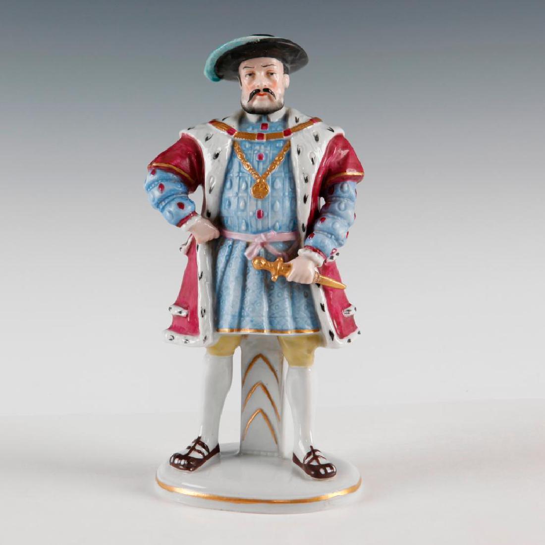 SITZENDORF GERMAN PORCELAIN FIGURINE HENRY VIII: Sitzendorf Figure of King of England in 16th century Henry VIII. Marked on the bottom. Issued: circa early to mid 20th century Dimensions: 8"H x 4"L x 3"W Country of Origin: Germany