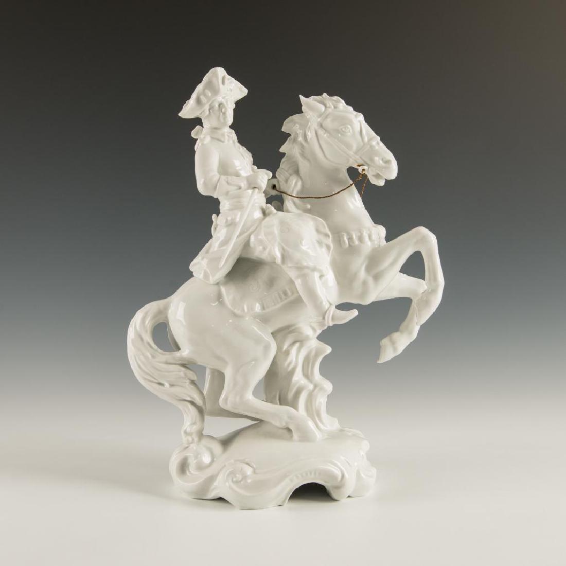 SITZENDORF GERMAN PORCELAIN STATUE HORSE RIDER: Large figurine depicting a noble man on the rearing horse. Marked on the bottom. Issued: Circa early 20th century Dimensions: 14"H x about 11"W Country of Origin: Germany