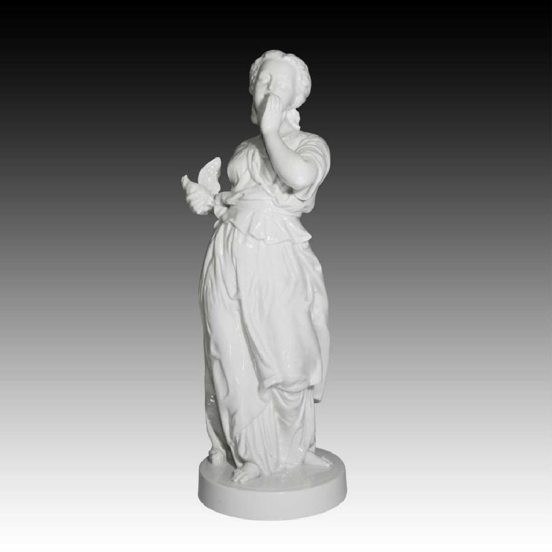 LARGE ANTIQUE PORCELAIN FIGURINE LADY w DOVE: Blanc de Chine Statue of a Lady with a Dove. Issued: circa early/mid 20th century Dimensions: 16"H x 5.5"D on base