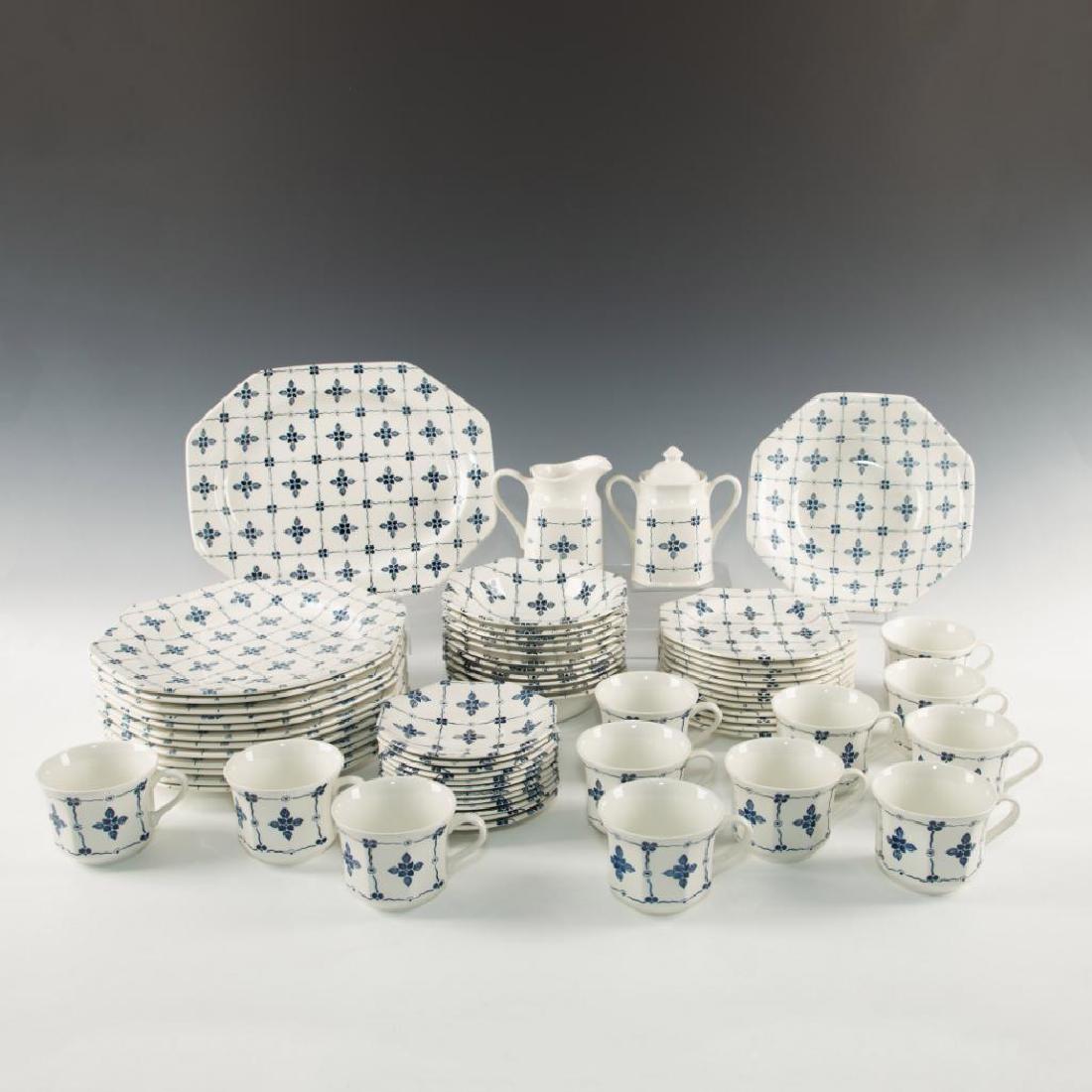 ROYAL STAFFORDSHIRE DINNERWARE SET WITH SERVINGWARE: Royal Staffordshire Homespun, Ironstone, J&G Meakin, England, Dishwasher Safe, set of 12 blue design on white Dinnerware, missing 1 small bowl; 12 - 3.5" diameter tea cups, 12 - tea saucers 5.5" dia x