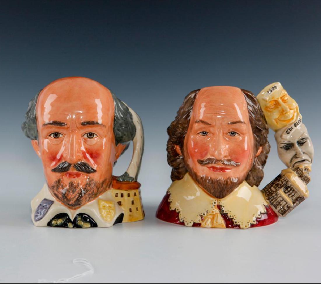 2 ROYAL DOULTON WILLIAM SHAKESPERE LARGE JUGS: Large character jugs D7136 and D6689. William Shakespeare D7136 Character Jug of the Year 1999 by Robert Tabbenor issued in 1989 size: 7.75"H. William Shakespeare D6689 from the Shakespearean Collecti