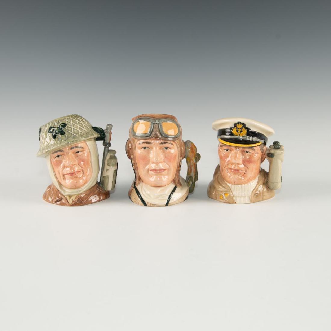 ROYAL DOULTON ENGLISH MILITARY SMALL CHARACTER JUGS: From the National Service Edition. Includes Sailor D6875, Soldier 6876 and Airman 6870. Tallest 4.5"H Artist: William K. Harper Issued: c. 1990 Manufacturer: Royal Doulton Country of Origin: England