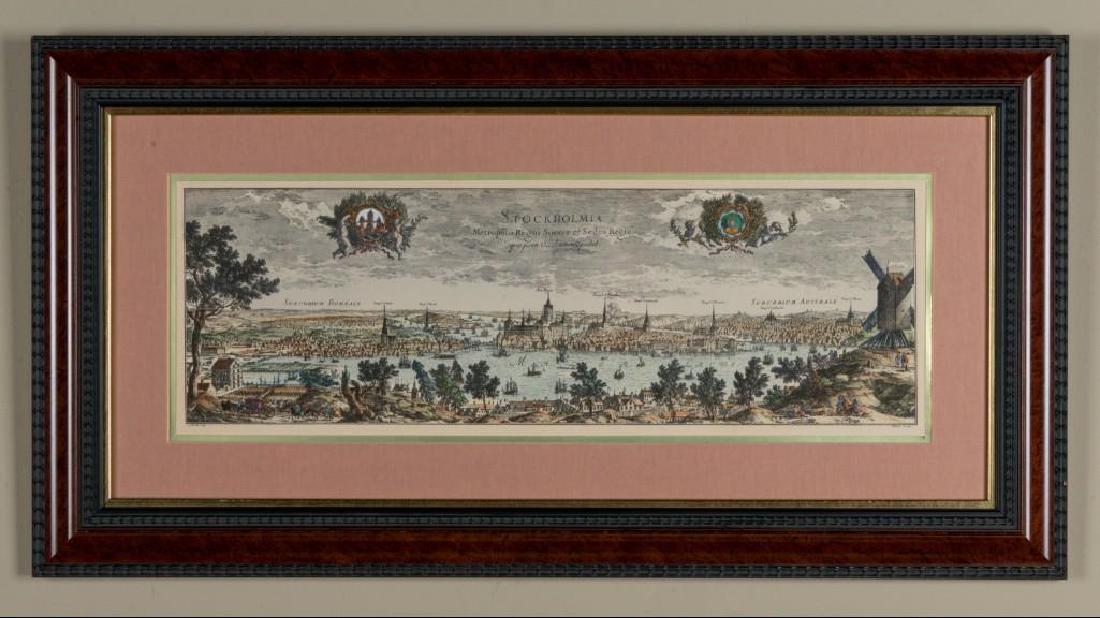 ANTIQUE 17thC ENGRAVING STOCHOLMIA SWEDEN: Hand colored panoramic view etching etching of Stockholm by the Parian master engraver and etcher Adam Perelle (1638 - 1695) titled "Stockholmia, Metropolis Regni Succiae et Sedes Regia, qua parte O