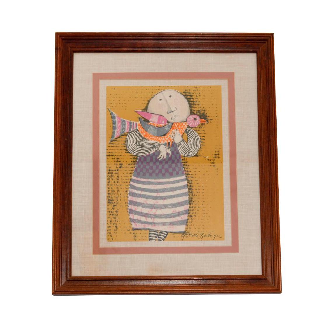 RODO BOULANGER (BOLIVIAN, b.1935) SIGNED LITHOGRAPH: Graciela Rodo Boulanger (Bolivian, b.1935) lithograph. depicting a girl with a bird. Signed in plate lower right. Matted and framed. Dimensions: 21" x 18" including frame