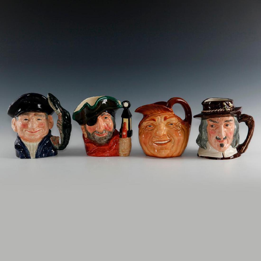 SET OF 4 ROYAL DOULTON LARGE CHARACTER JUGS: Includes John Barley Corn (handle-in) D3527, Lobsterman D6617, Izaak Walton D6404, and The Smuggler D6616. Tallest: 7.25"H Artist: Various Issued: late 20th century Manufacturer: Royal Doulton Country