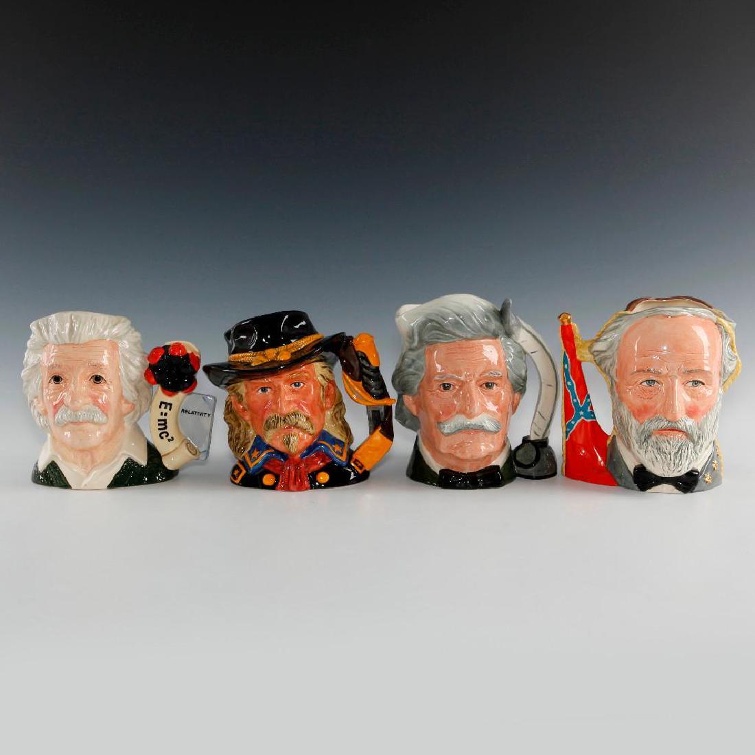 SET OF 4 ROYAL DOULTON LARGE CHARACTER JUGS: Includes Mark Twain D6654, Albert Einstein D7023, Ulysses Grant Robert E Lee D6698 and General Custard D7079. Tallest 7.5"H Artist: Various Issued: late 20th century Manufacturer: Royal Doulton Countr