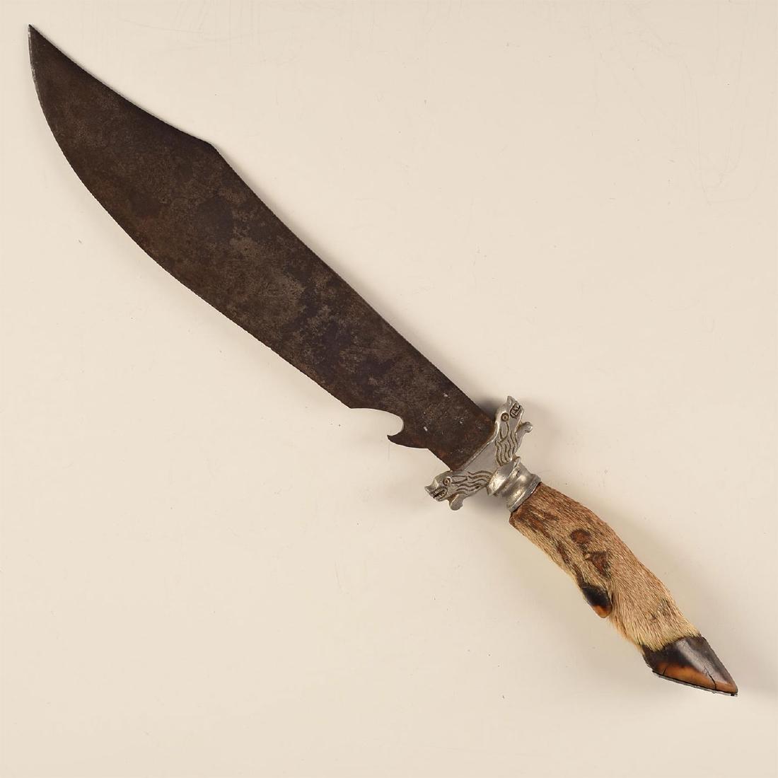 DEER HOOF HANDLED OAXACA MAKE ENGRAVED BOWIE KNIFE: Clip point with eagle, desert scene, words in raised relief. Ricasso is a bottle opener. Unique Desperado-style piece with Mayan-themed cross guard, steel blade, preserved hoof for handle. Inspired by
