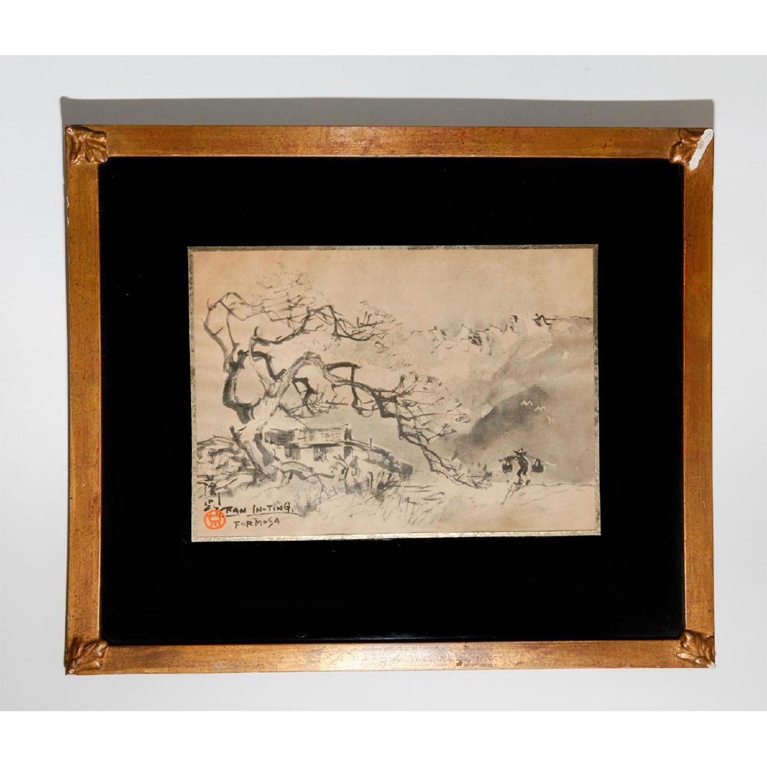TAIWANESE INK WASH WATERCOLOR -FORMOSA, BY RAN IN-TING,: Grisaille style village landscape scene with fisherman. Finished corner frame and eglomise framing. Signed and initialed. Ink wash monochrome watercolor technique. Taiwan landscape of single predomina