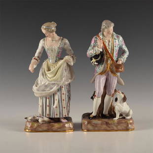 PAIR OF MEISSEN PORCELAIN BEAUTIFULLY DECORATED FIGURES: Standing figures in stylish period fashion, showing a variety of patterns. Female feeding doves from apron. Male give treat to dog. This pair is modeled in traditional period dress and meticulously de