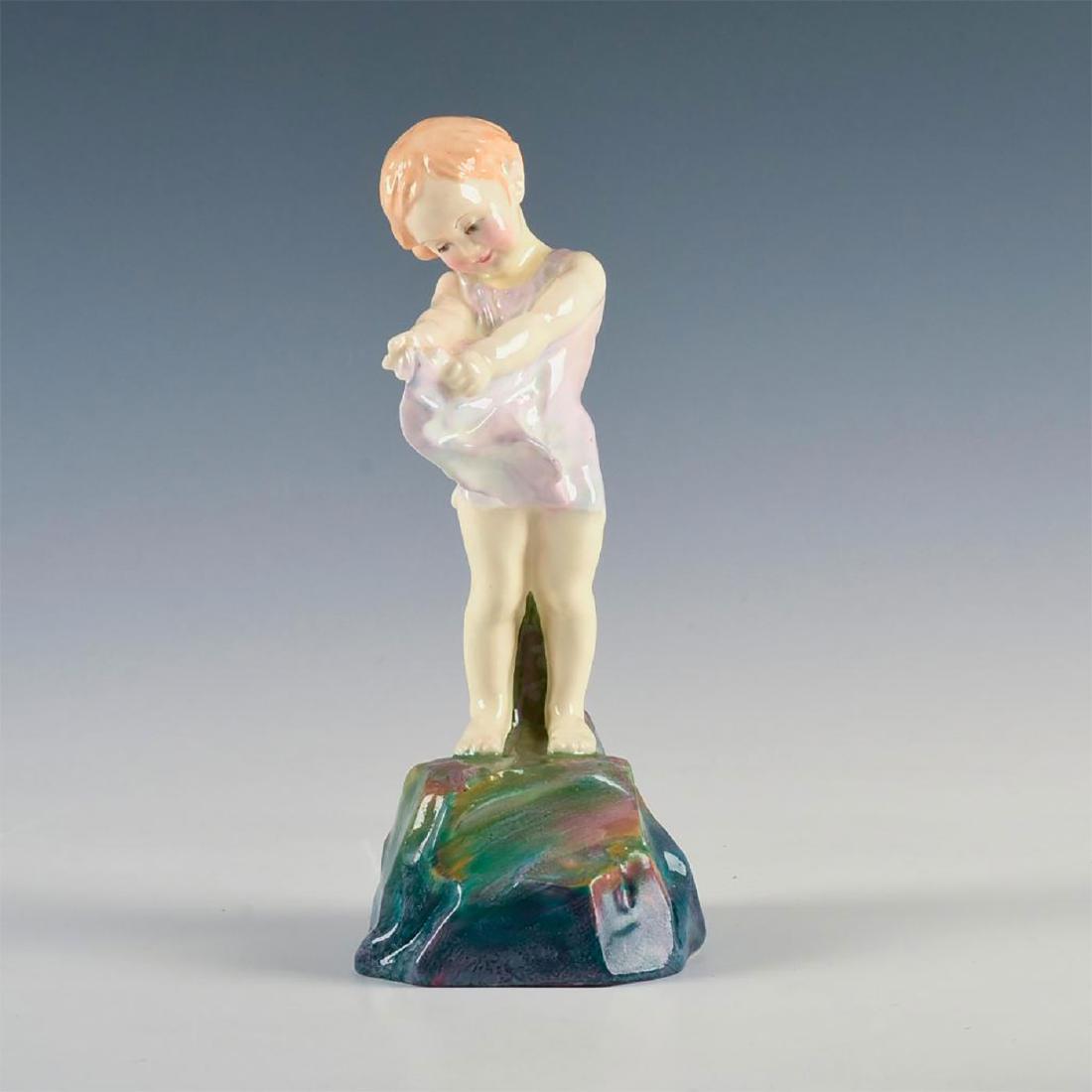 ROYAL DOULTON FIGURINE, HERE A LITTLE CHILD HN 1546: Style One. Child study. Lavender with multicolored lustre base. A Leslie Harradine child study in a rare lustre glaze with a multicolor green, purple, and blue lustre glaze to base. Based on a verse f