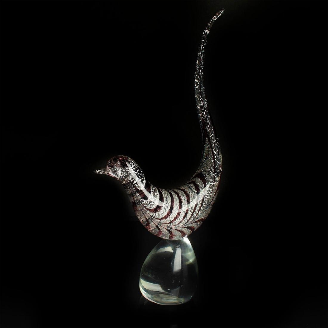 MURANO GLASS STRIPED BIRD: Glass sculpture of striped bird S-curved shape with embedded frosted white and oxblood red spiraling insets. On a clear ovoid shape base. Issued: c.1960 Dimensions: 13 3 / 4 " H Manufacturer: Murano C