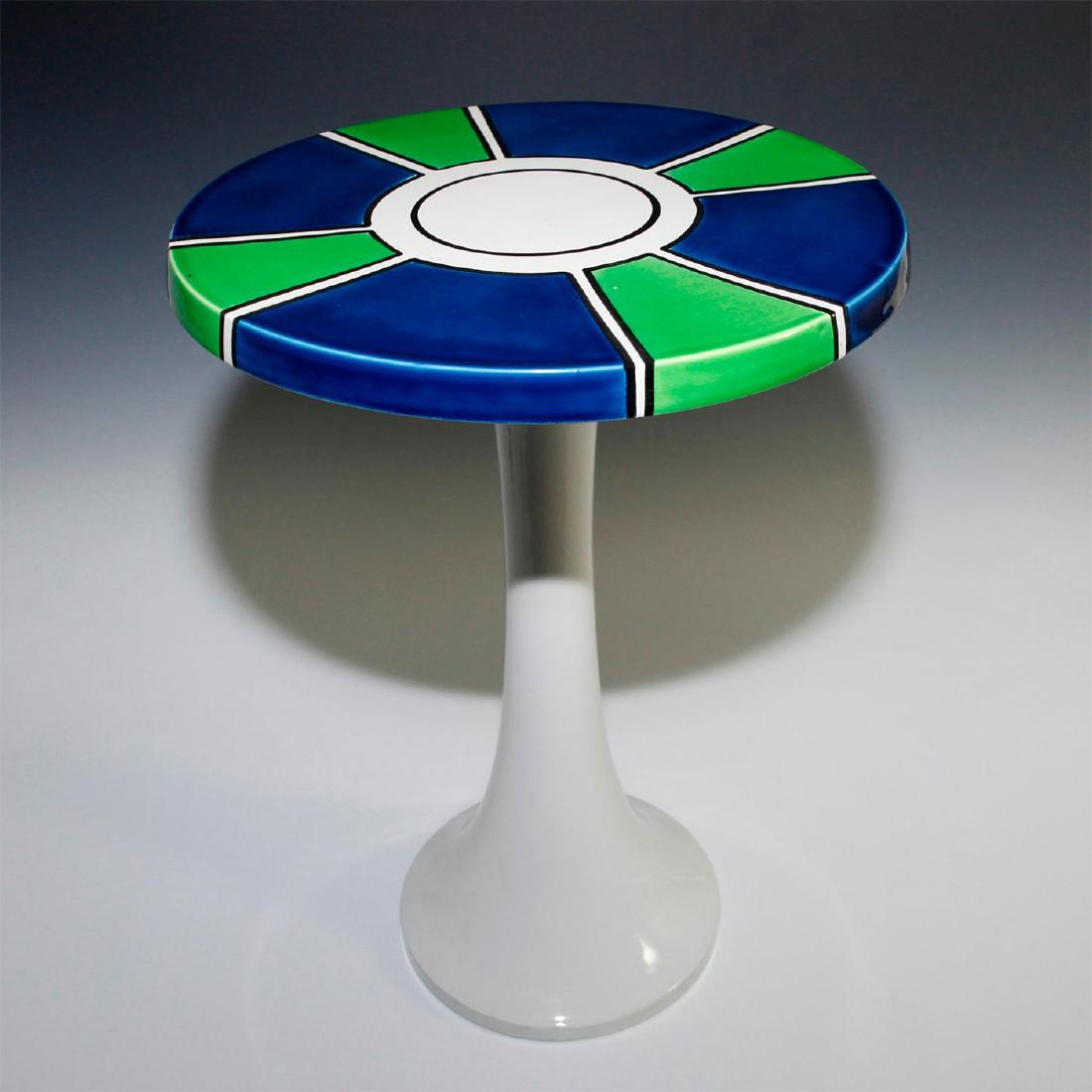 RAYMOR BITOSSI ITALIAN PEDESTAL TABLE: Raymor Bitossi Italian pedestal coffee table. Beautiful Raymor Bitossi Italian pedestal coffee table with 1" thick multicolor(blue/green) Raymor pottery top. Connected to a white round ceramic pole ba