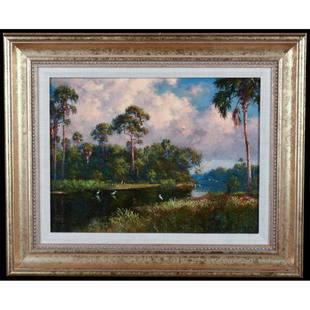 OIL PAINTING BY A.E. BACKUS (1906-1990): A classic Old Florida, 20th century Impressionist oil painting in the Indian River School tradition. Complete title: "Loxahatchee River: Backwoods at Riverbend." A timeless river and landscape scene o