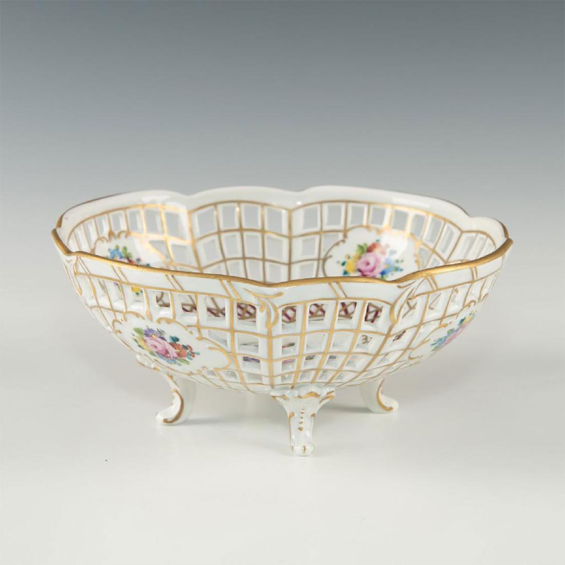 EARLY 20TH CENTURY CARL THIEME GERMAN PORCELAIN LACE: Post-1901 footed Saxonian bowl with gilt and flora. Issued: 1901-1961 Dimensions: 7.5" X 3"H Manufacturer: Saxonian Porcelain Factory Carl Thieme VEB Country of Origin: Germany