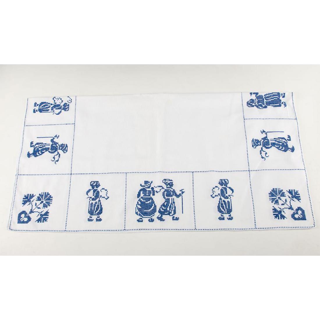 GERMAN VINTAGE HAND EMBROIDERED TABLECLOTH: A square shaped, folk-themed German hand embroidered table cloth with royal blue thread. Slightly visible stains, otherwise, in very good condition. Issued: c. 1980s Dimensions: 33"D x 33"L