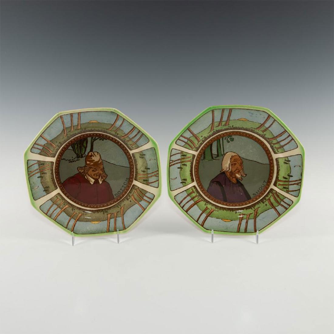 PAIR OF ROYAL DOULTON MIDSUMMER NIGHTS DREAM PLATES: Depicting Shakespeare characters Snout D2874 and Bottom D2874. Octagon shaped pottery plates illustrate characters Snout and Bottom from William Shakespeare's "Midsummer Nights Dream." Each plate is d