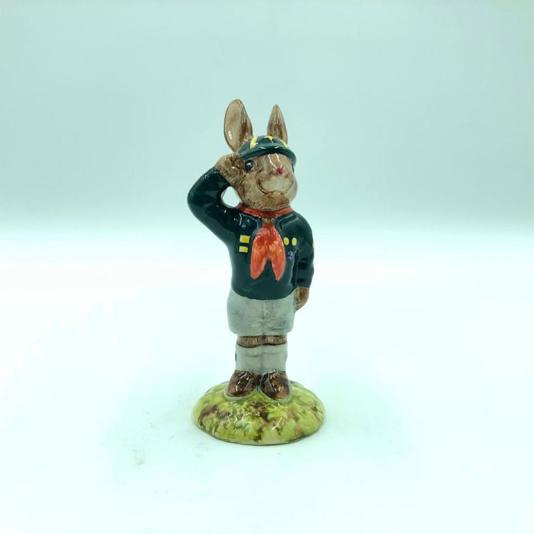ROYAL DOULTON BE PREPARED BUNNYKINS DB56: Bunny in uniform saluting. Hand painted dark green, grey and red. Artist: Graham Tongue and David Lyttleton Issued: 1987-1996 Dimensions: 4"H Manufacturer: Royal Doulton Country of Origin: England