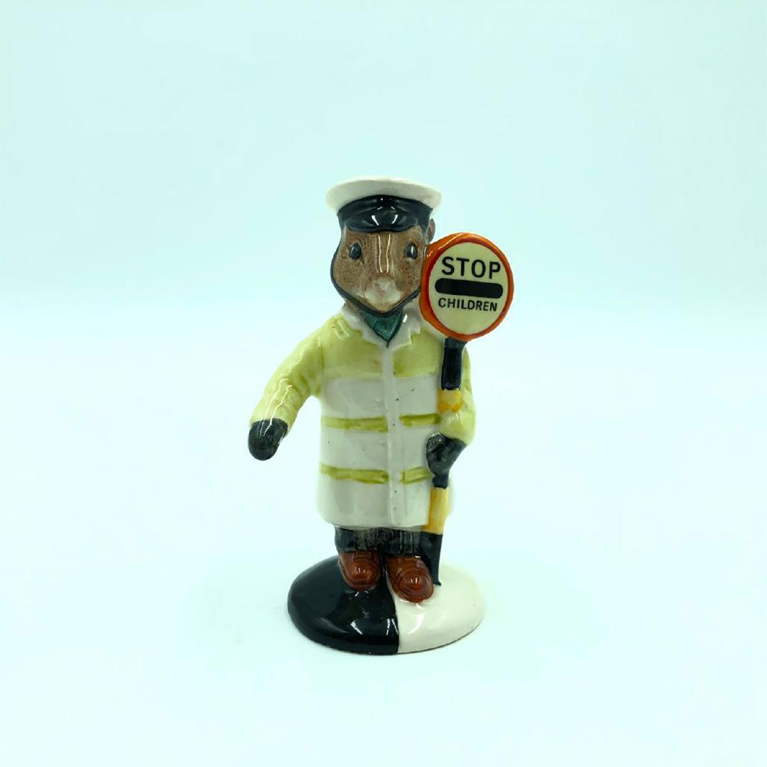 ROYAL DOULTON LOLLIPOPMAN BUNNYKINS DB65: School patrol bunny with traffic Stop sign. Hand painted yellow, white, black and red. Artist: Graham Tongue and Martyn Alcock Issued: 1988-1991 Dimensions: 3.75"H Manufacturer: Royal Doulton Country