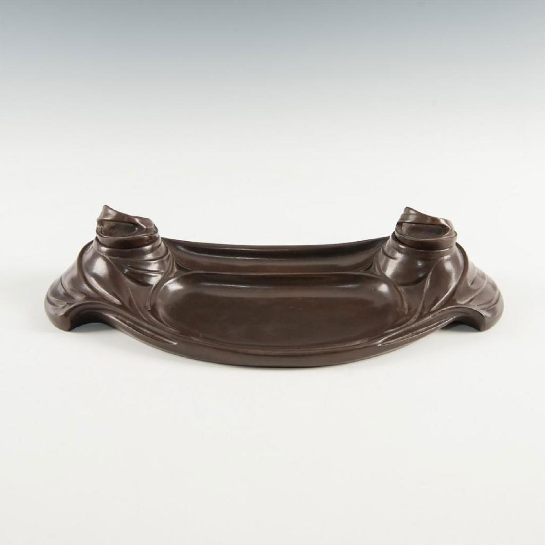 ART NOUVEAU BRONZE INKWELL, BY MAURICE DUFRENE: Antique Art Nouveau bronze double inkwell by Maurice Dufrene. Signed on the front. An early piece by the past master for La Maison Moderne, a prestigious Parisian art and home decor store. Maurice Duf