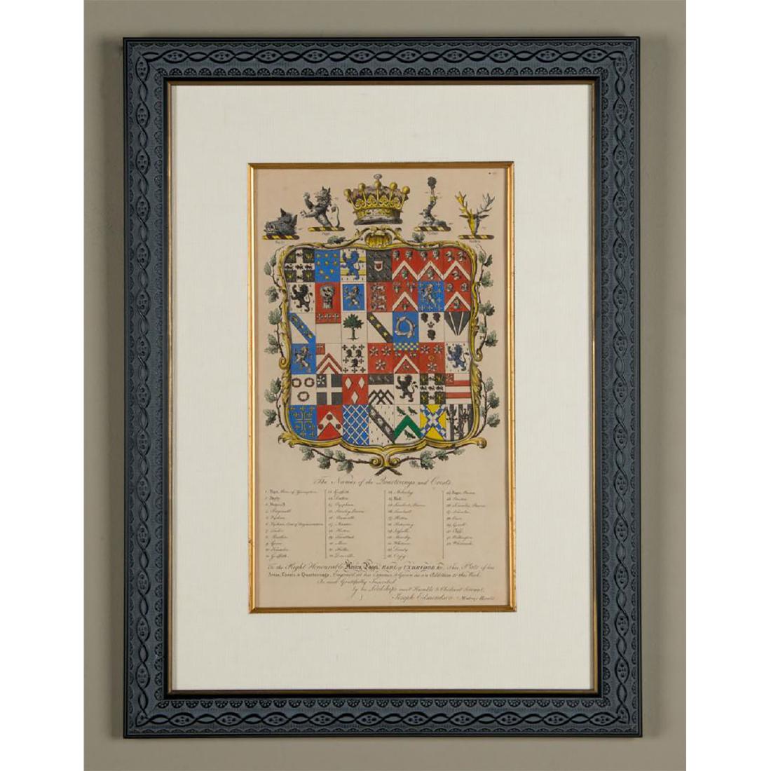 ANTIQUE ENGLISH HERALDRY ENGRAVING 19th CENTURY: A Regency Era (ca. 1800) engraving of the family heraldic shields of Henry Bayly thru Paget (1744-1812), 1st earl of Uxbridge, an 18th-Century British peer. In a stylized black wooden frame. Depicted 