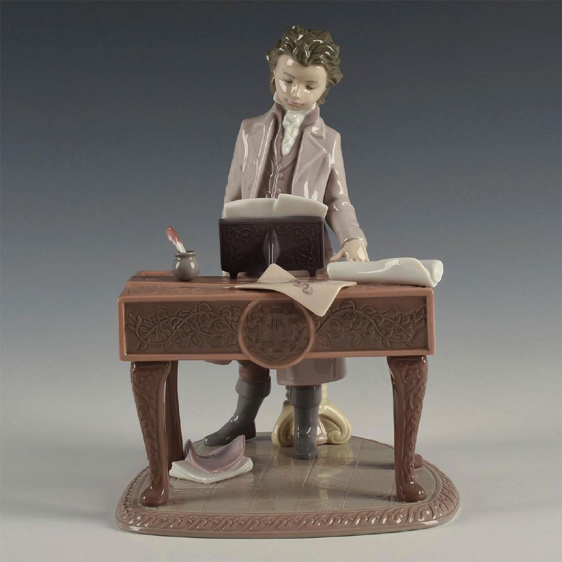 LLADRO FIGURINE YOUNG BEETHOVEN: Beethoven standing by a piano - Lladro number 01001815. Joven Beethoven Artist: Joan Coderch Issued: 1998 Dimensions: 9.5"H Manufacturer: Lladro Country of Origin: Spain