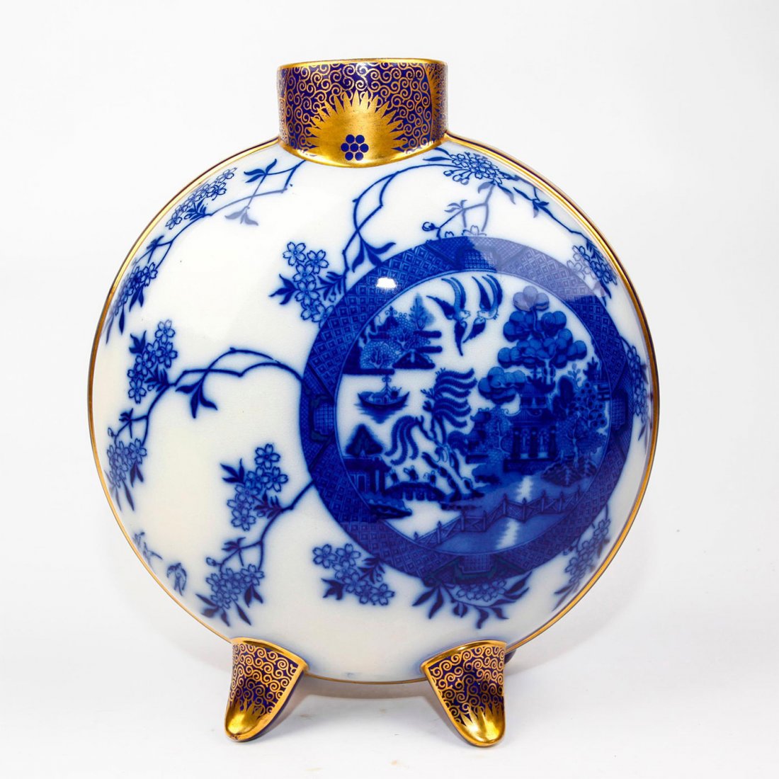 RARE DOULTON BURSLEM WATTEAU MOON FLASK: Designed by Henry Slater under Pinder Bourne Co. for Doulton. Gilt and cobalt decor with strong Japanese influence, during the eastern aesthetic movement of the 1880s. Marked on the bottom with either