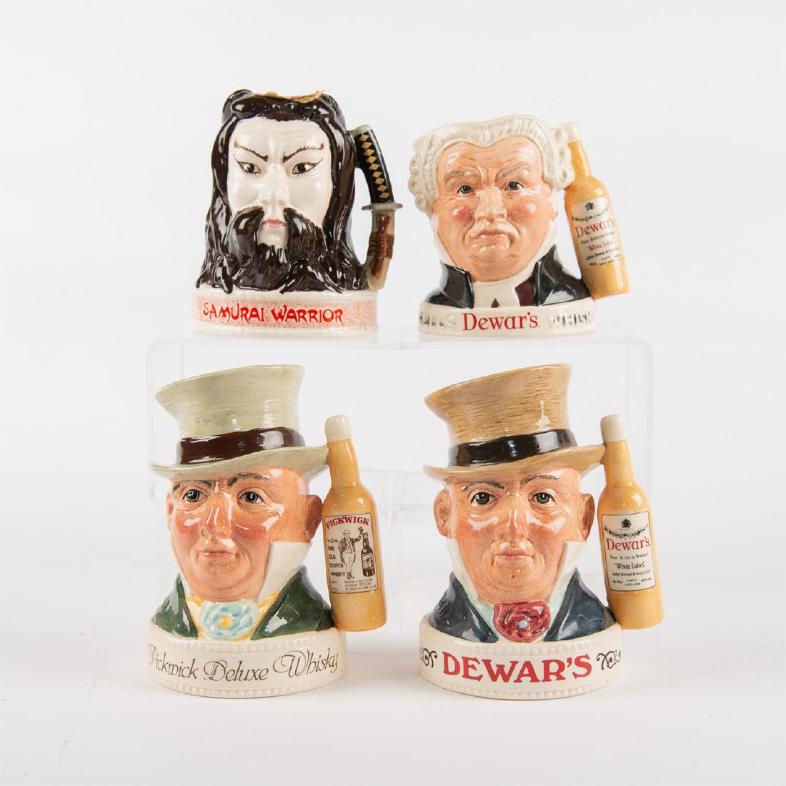 GROUP OF 4 ROYAL DOULTON SMALL LIQUOR CONTAINERS: Liquor containers commissioned by Pick-Kwik Wines & Spirits. Includes Samurai Warrior, Sgt. Buz Fuz, Pickwick Deluxe Whiskey and Pickwick Dewar's. Royal Doulton backstamp. Artist: Harry Sales/Graham T
