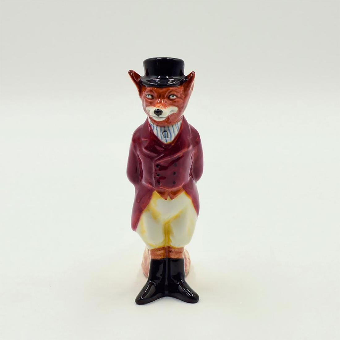 RETIRED ROYAL DOULTON FIGURE, HUNTSMAN FOX, DB448: Stately fox in red hunting waistcoat with tails, crop, expressive smile. Dimensions: 4.5"H X 2.75"D Edition Number: DB 448 Manufacturer: Royal Doulton Country of Origin: England
