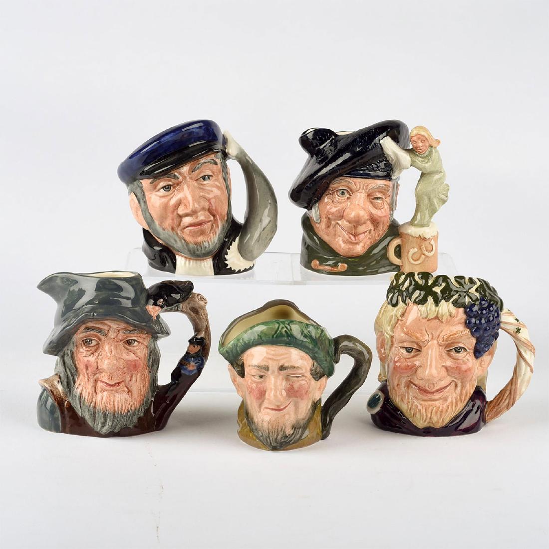 GROUP OF FIVE ROYAL DOULTON SMALL JUGS: Includes Tam o' Shanter, Capt Ahab, Auld Mac, Bacchus and Rip Van Winkle. Artist: Various Issued: Various Dimensions: 4.25"H, tallest Manufacturer: Royal Doulton Country of Origin: England