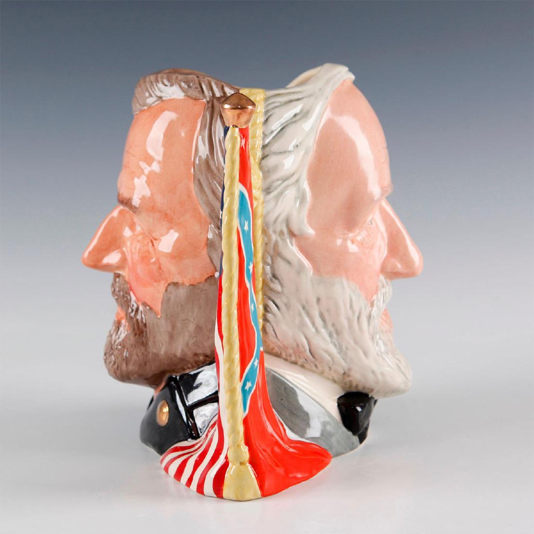 ROYAL DOULTON LARGE CHARACTER JUG ULYSSES & ROBERT LEE: Double-sided D6698; Limited edition, the two opposing American Civil War generals. Artist: Michael Adderley Issued: 1982 Dimensions: 6.75"H x 7.25"W Edition Number: 7098 Edition Size: 9500 Countr