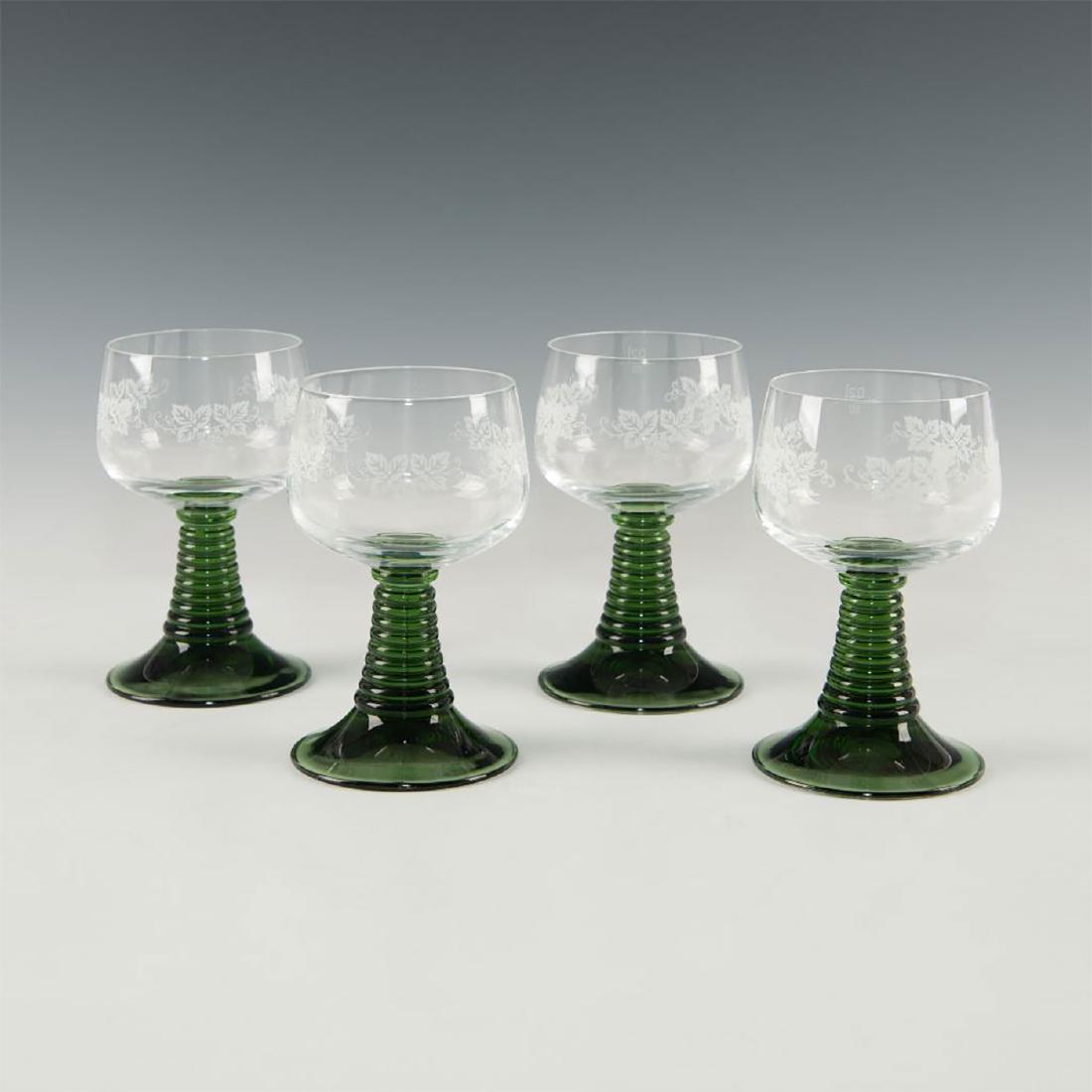 SET OF 4 GERMAN ART NOUVEAU ETCHED PORT WINE GLASSES: Deep green Roemer glass, etched. Issued: early 20th century Dimensions: 3.25"D X 5.25"H Country of Origin: Germany