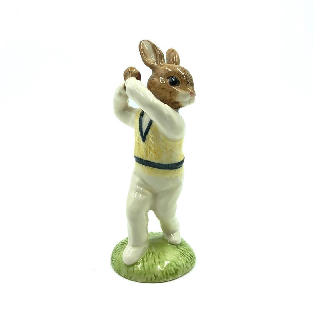 ROYAL DOULTON BOWLER BUNNYKINS DB145: Bunny playing Cricket with ball. Hand painted white, pale yellow and black. Artist: Denise Andrews and Warren Platt Issued: 1994 Dimensions: 4"H Edition Size: 1000 Manufacturer: Royal Doulton Country 