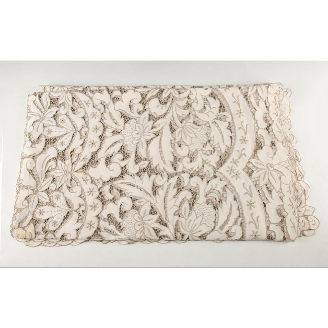 RARE, VINTAGE MADEIRA MARGHAB EMBROIDERED TABLE CLOTH: Hand made Madeira Linen table cloth with full cutwork pattern. Extremely unusual, vintage table cloth for table of 8-12 people. Completely handmade and embroidered pattern designed by Emile Marghab.