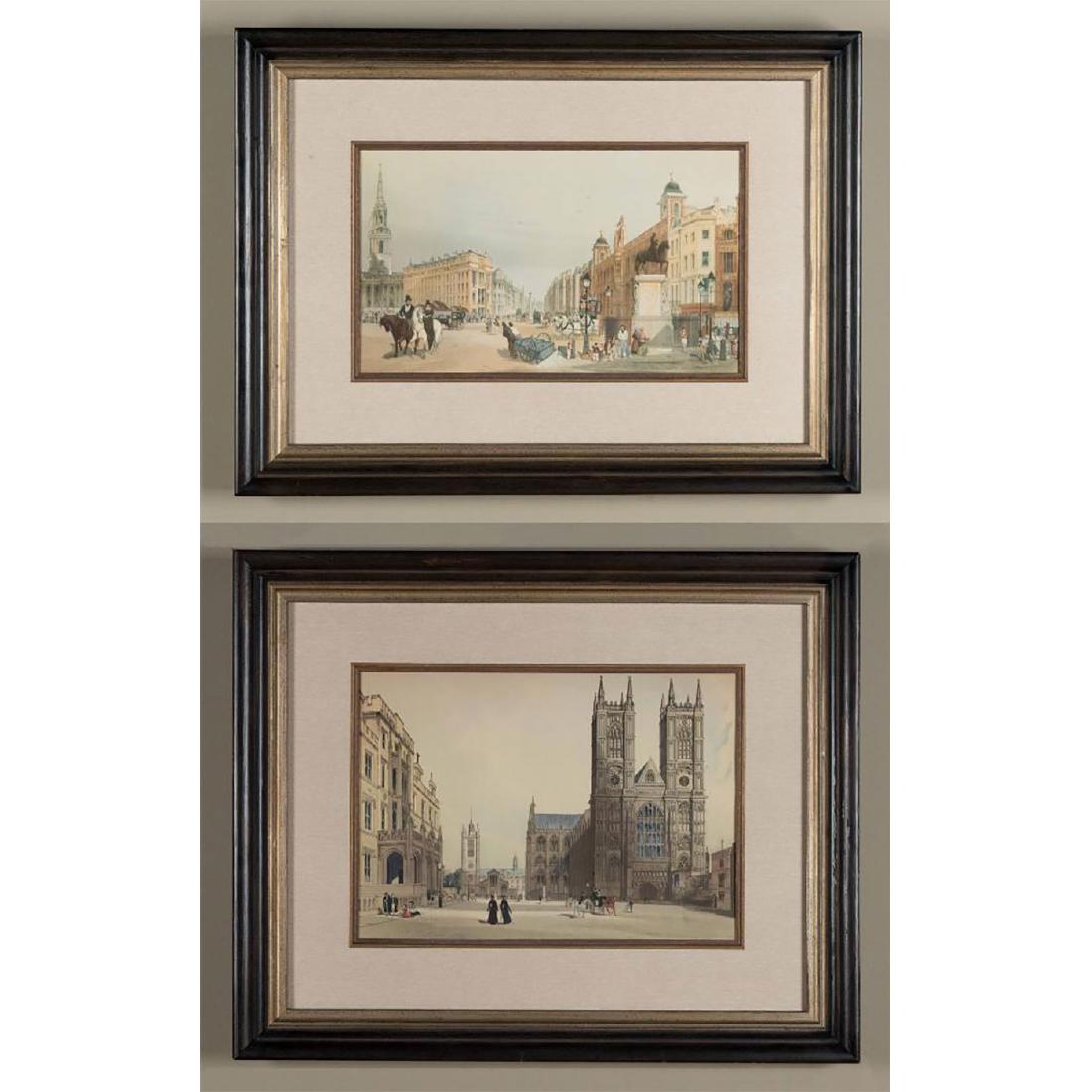 THOMAS SHOTTER BOYS (BRITISH, 1803-1874) ENGRAVINGS: Two antique color prints, after originals painted in 1842 for ORIGINAL VIEWS OF LONDON AS IT IS: I. WESTMINSTER ABBEY, HOSPITAL &C.; II. ENTRY TO THE STRAND FROM CHARING CROSS by Thomas Shotter Boys (