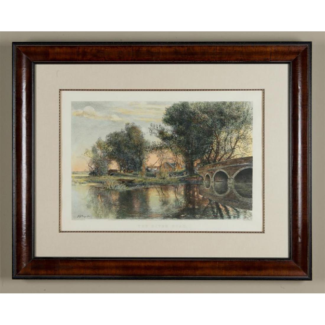 DAVID MURRAY (SCOTTISH,1849-1933) ENGRAVING: An antique etching titled "The River Road". A countryside landscape of browns, greens, and blues reflected in a still body of water. Presented in a linen matte with gilt trim, and custom wood frame. D