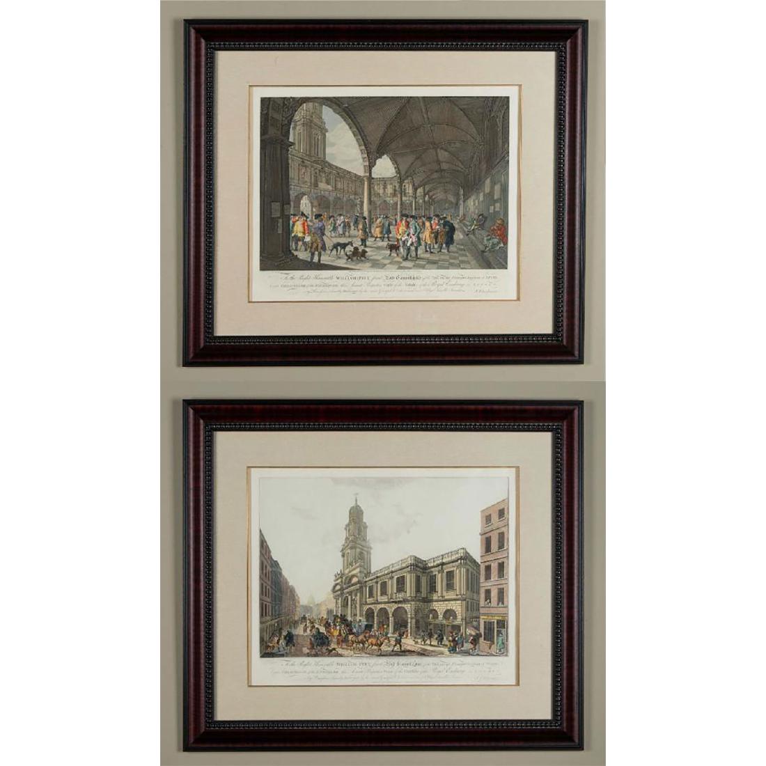 2 ENGRAVED PRINTS, VIEWS OF THE ROYAL EXCHANGE LONDON: Two large color prints from a famous pair of engravings of the Royal Exchange by Francesco Bartolozzi. Dedication reads TO THE RIGHT HONORABLE WILLIAM PITT, FIRST LORD COMMISSIONER OF THE TREASURY [et