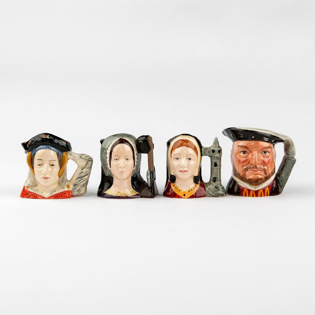 GROUP OF 4 ROYAL DOULTON MINIATURE CHARACTER JUGS: King Henry VIII and three wives. Henry VIII D6648, Anne Boleyn D6651, Catherine of Aragon D6658, and Anne of Cleves D6754. Royal Doulton backstamp. Artist: Eric Griffiths, Douglas V. Tootle, Michael A