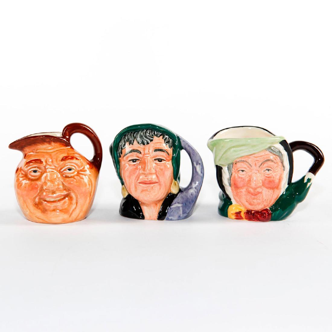 GROUP OF 3 ROYAL DOULTON MINIATURE CHARACTER JUGS: The Fortune Teller, Sairey Gamp and John Barleycorn. Royal Doulton backstamp. Artist: Charles Noke, Garry Sharpe, Leslie Harradine/Harry Fenton Issued: Mid to Late 20th Century Dimensions: 2.5"H-talle
