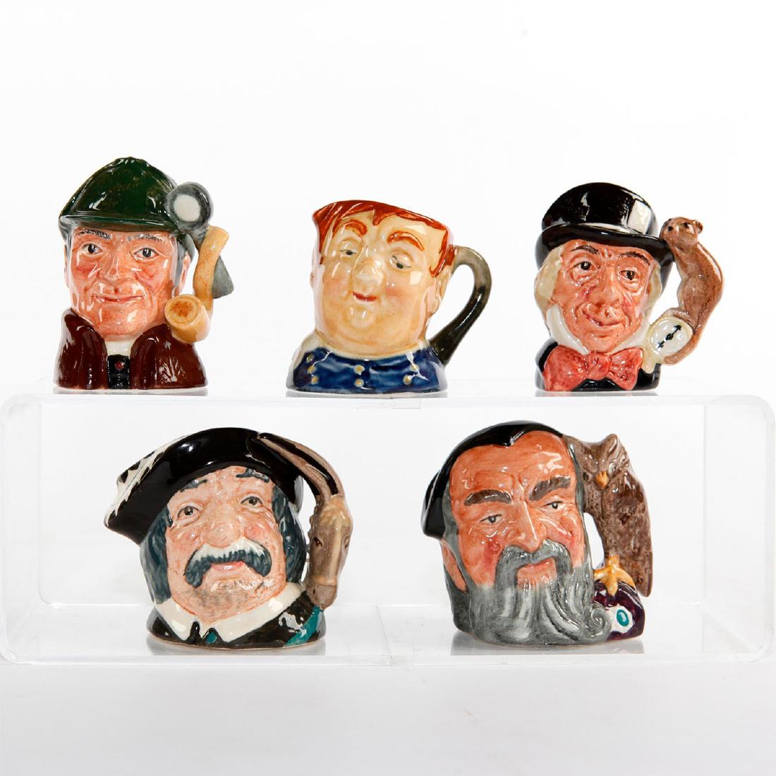 GROUP OF 5 ROYAL DOULTON MINIATURE CHARACTER JUGS: Includes Merlin, Fat Boy, Mad Hatter, The Sleuth and Sancho Panca. Doulton backstamp. Artist: Various Issued: Various Dimensions: 3"H-tallest Manufacturer: Royal Doulton Country of Origin: England
