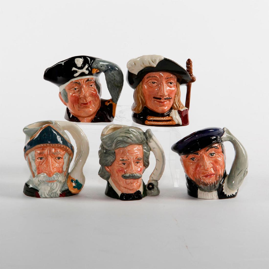 GROUP OF 5 ROYAL DOULTON MINIATURE CHARACTER JUGS: Aramis, Capt Ahab, Don Quixote, Long John Silver & Mark Twain. Royal Doulton backstamp. Artist: Max Henk, Garry Sharpe, Geoff Blower, Eric Griffiths, Issued: Mid to Late 20th Century Dimensions: 2.5"H
