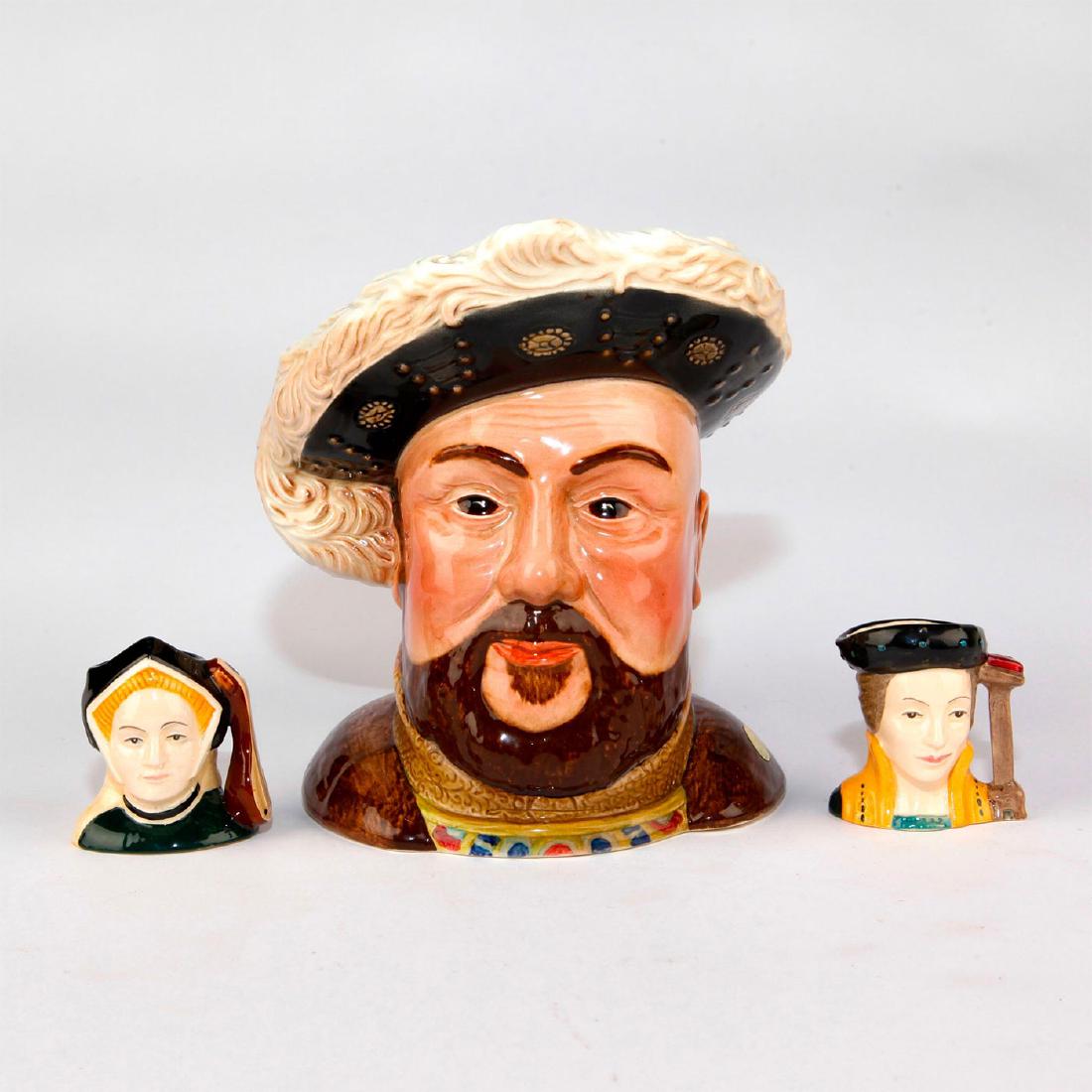 GROUP OF 3 ENGLISH CHARACTER JUGS: Two Royal Doulton mini character jugs and large Beswick jug. Includes Jane Seymour and Catherine Parr Royal Doulton miniature character jugs with Royal Doulton backstamp; and Beswick Henry VII large c