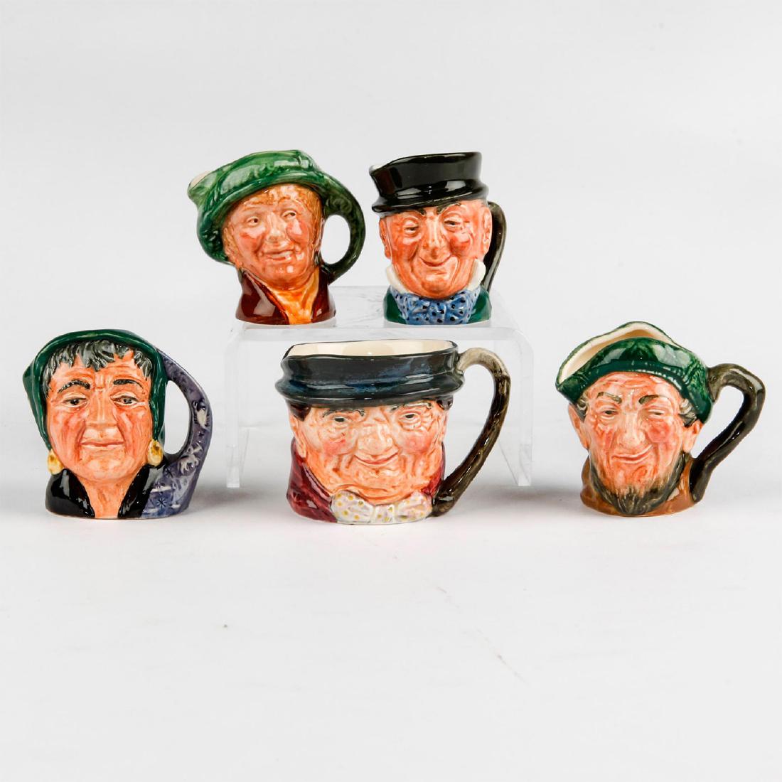GROUP OF 5 ROYAL DOULTON MINIATURE CHARACTER JUGS: Arriet, Auld Mac, Fortune Teller, Mr. Micawber, Tony Weller. Royal Doulton backstamp. Artist: Harry Fenton, Garry Sharpe, Leslie Harradine Issued: Mid to Late 20th Century Dimensions: 2.75"H-tallest M