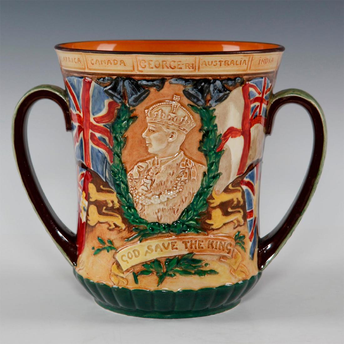 ROYAL DOULTON GEORGE VI AND QUEEN ELIZABETH SMALL: Includes crowned single portraits. Loving cup rim includes names of commonwealth countries. Backstamp with 'May 1937 To Celebrate The Coronation of Their Gracious Majesties George VI & Elizabe