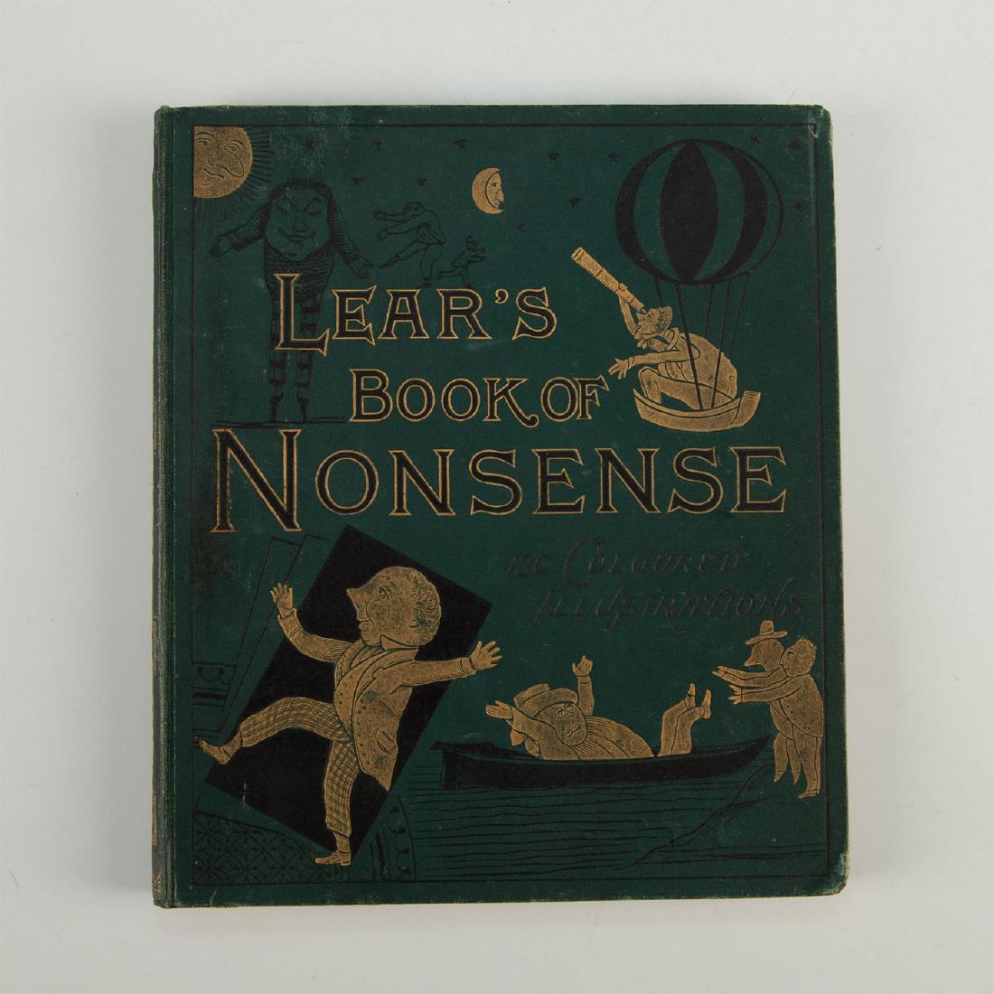 LEAR'S BOOK OF NONSENSE BY EDWARD LEAR: Green illustrated cover, gilt. 130 color illustrations. F. Warne & Co. Artist: Edward Lear Issued: c. 1880 Dimensions: 10.25"L Country of Origin: England