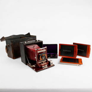 RARE COMPLETE ANTIQUE FOLDING CAMERA KIT BY CONLEY: Rich wood and leather camera; film holders, case, box of filters. The Conley Model 15 is a well-made mahogany and leather, traditional field and hand camera fitted with substantial features for the