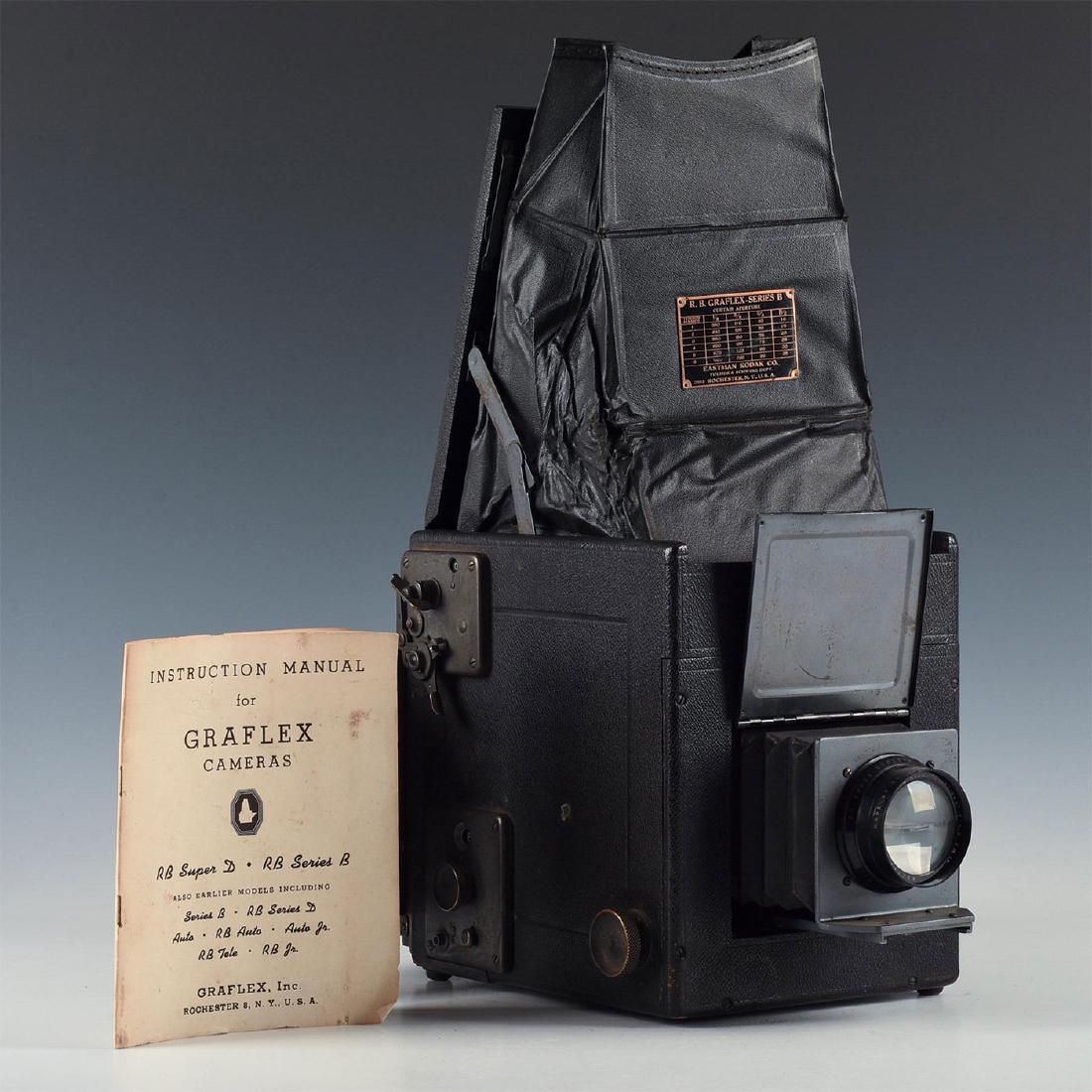 LARGE GRAFLEX R.B. SERIES B FOLDING VIEW CAMERA: Large format, with a hiding lens and leather folding view port. Graflex was synonymous with large format, highly capable, and very portable- for their time- press and battlefield cameras in the first