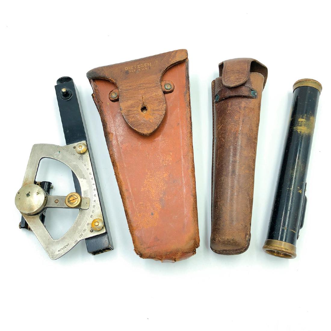SET OF 2 DIETZGEN SURVEYORS SCOPES - ABNEY AND HORIZON: In original leather carry cases; brass, black lacquer; working. This set of US-made, Dietzgen surveying tools would have been at home in the pocket of any serious surveyor, contractor, or forestry ser